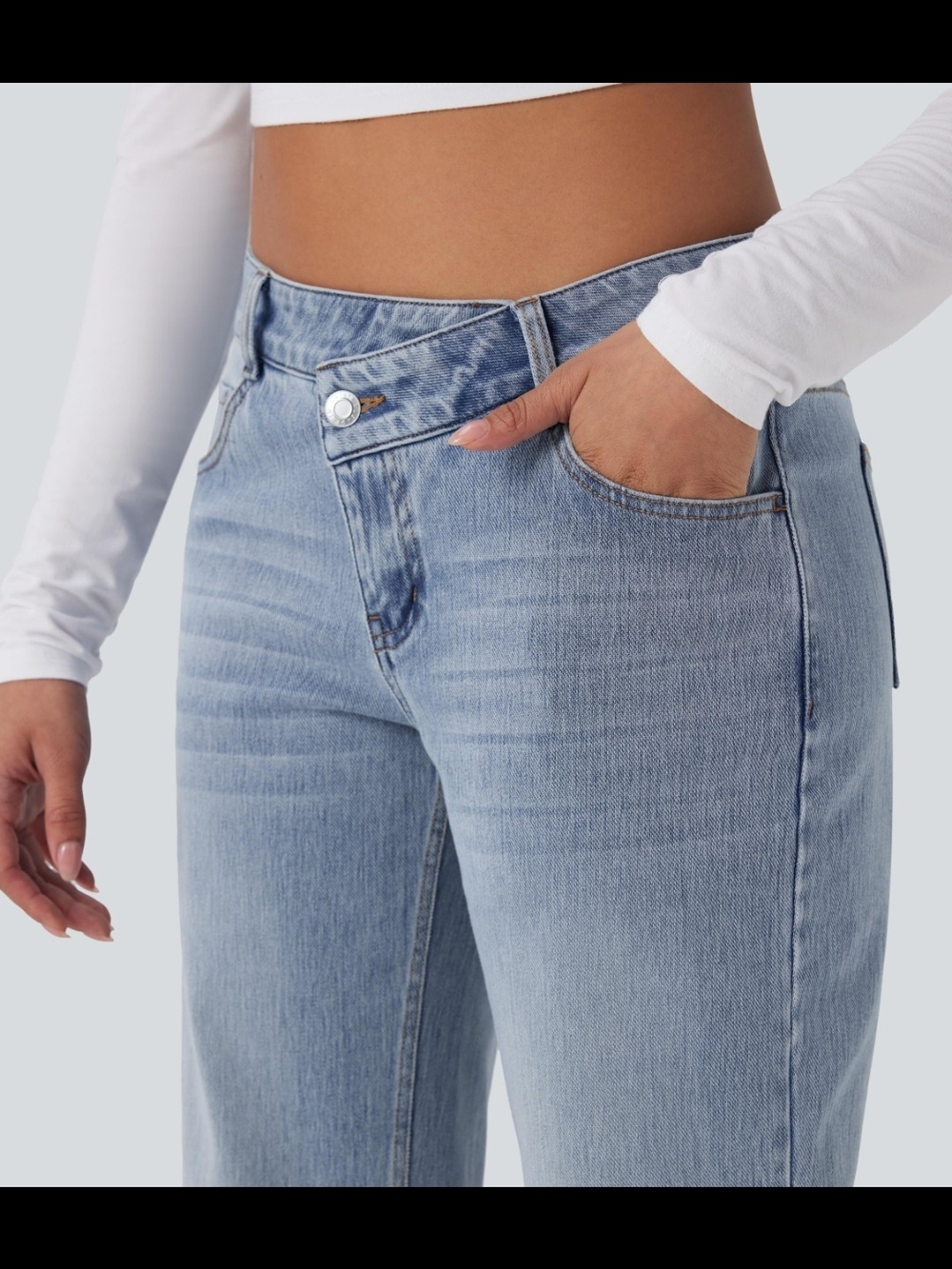 HALARA Light Blue High-Rise Asymmetrical Jeans. Med Tall